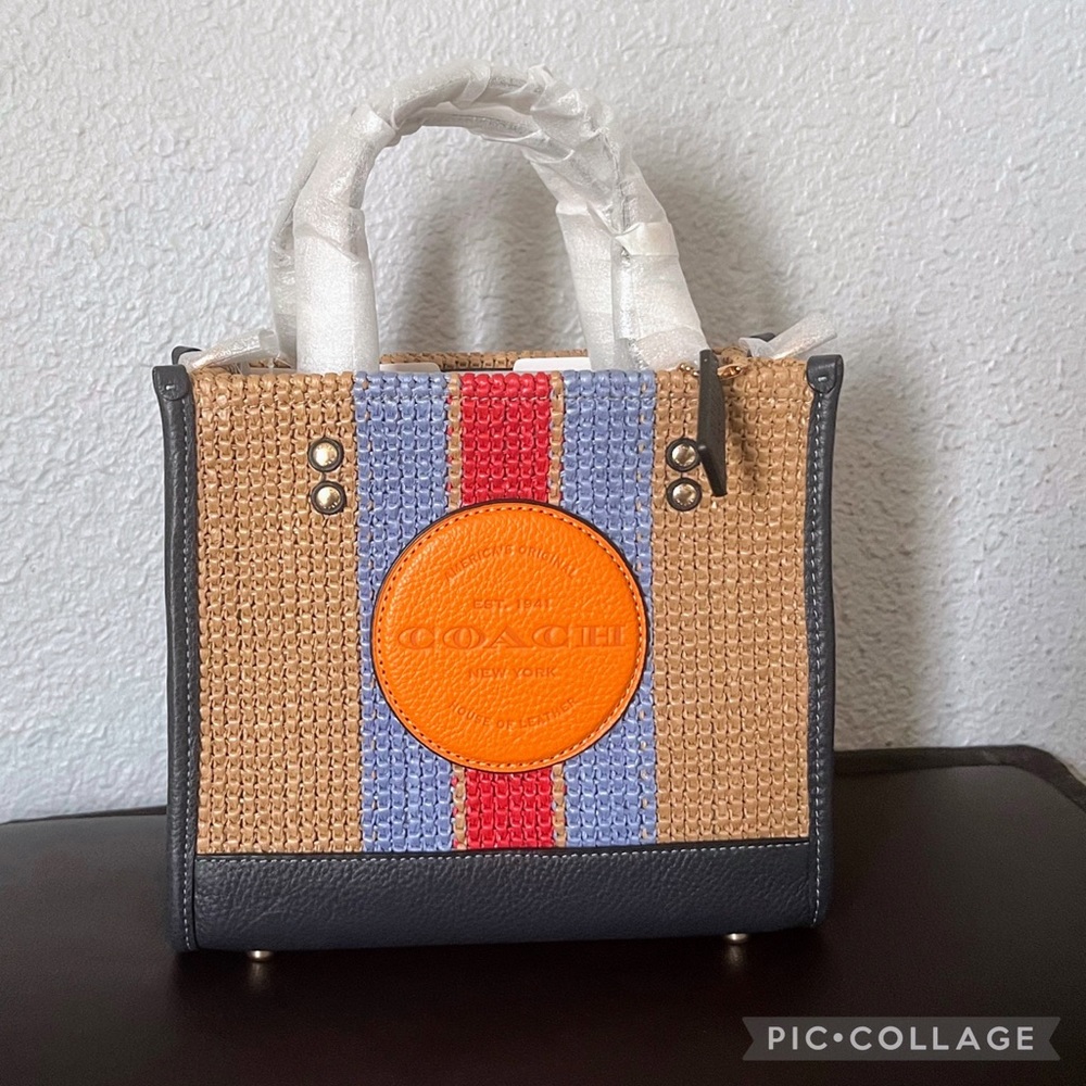 NWT COACH CA291 DEMPSEY TOTE 22 WITH COACH PATCH STRAW/LEATHER SHOULDER BAG - Picture 10 of 11